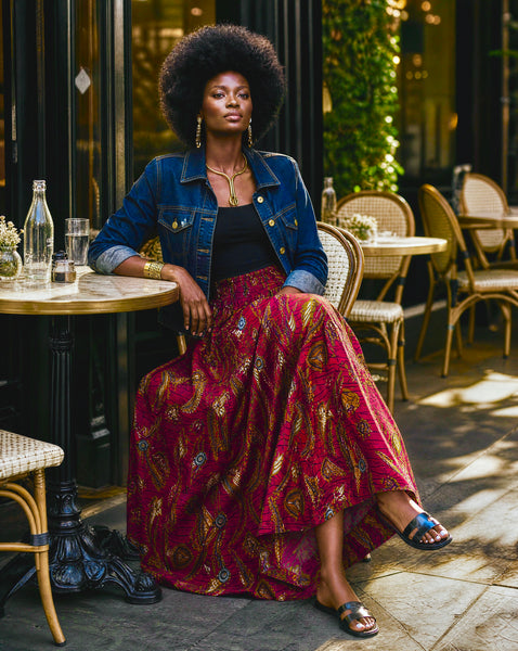 African print maxi skirt in red with botanical motifs.