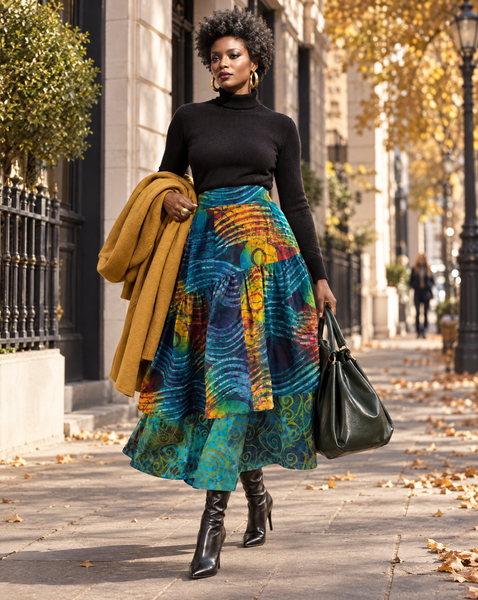 Azichi tiered skirt in a hand dyed fabric in a multicoloured palette.