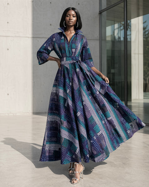 Tahama belted maxi shirt dress in a geometric print.