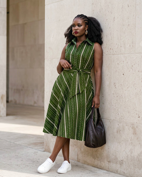 Shali sleeveless dress in an olive green geometric African print- short
