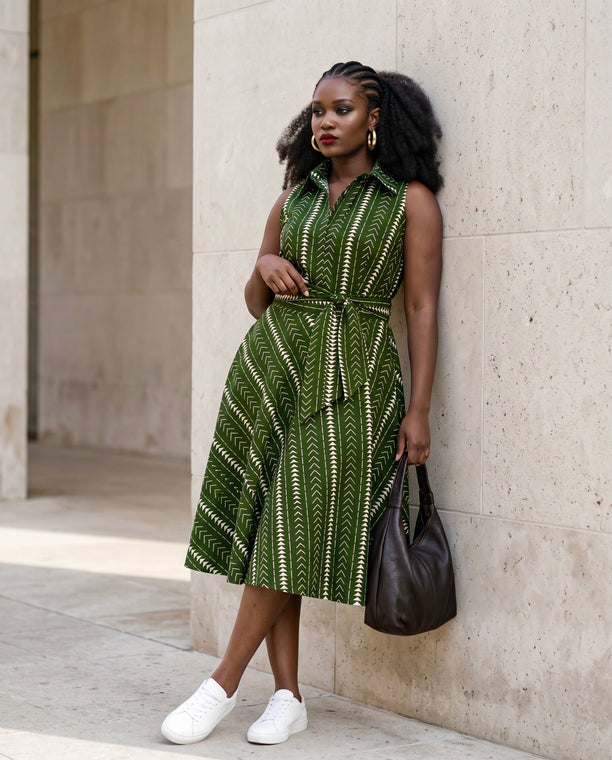 Shali sleeveless dress in an olive green geometric African print- short