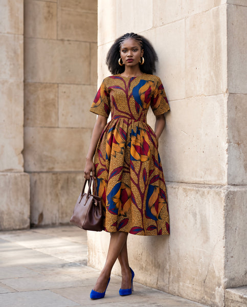 Bini full skirt dress in a leafy floral African print.