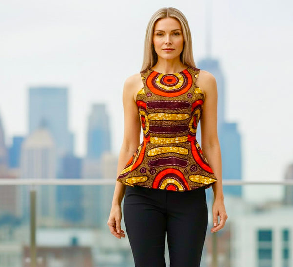 Wunam ankara peplum top in a multi-coloured ankara print