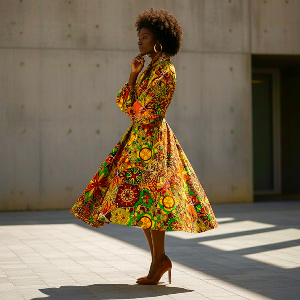 Zenda coat dress in a bold contemporary floral African print.