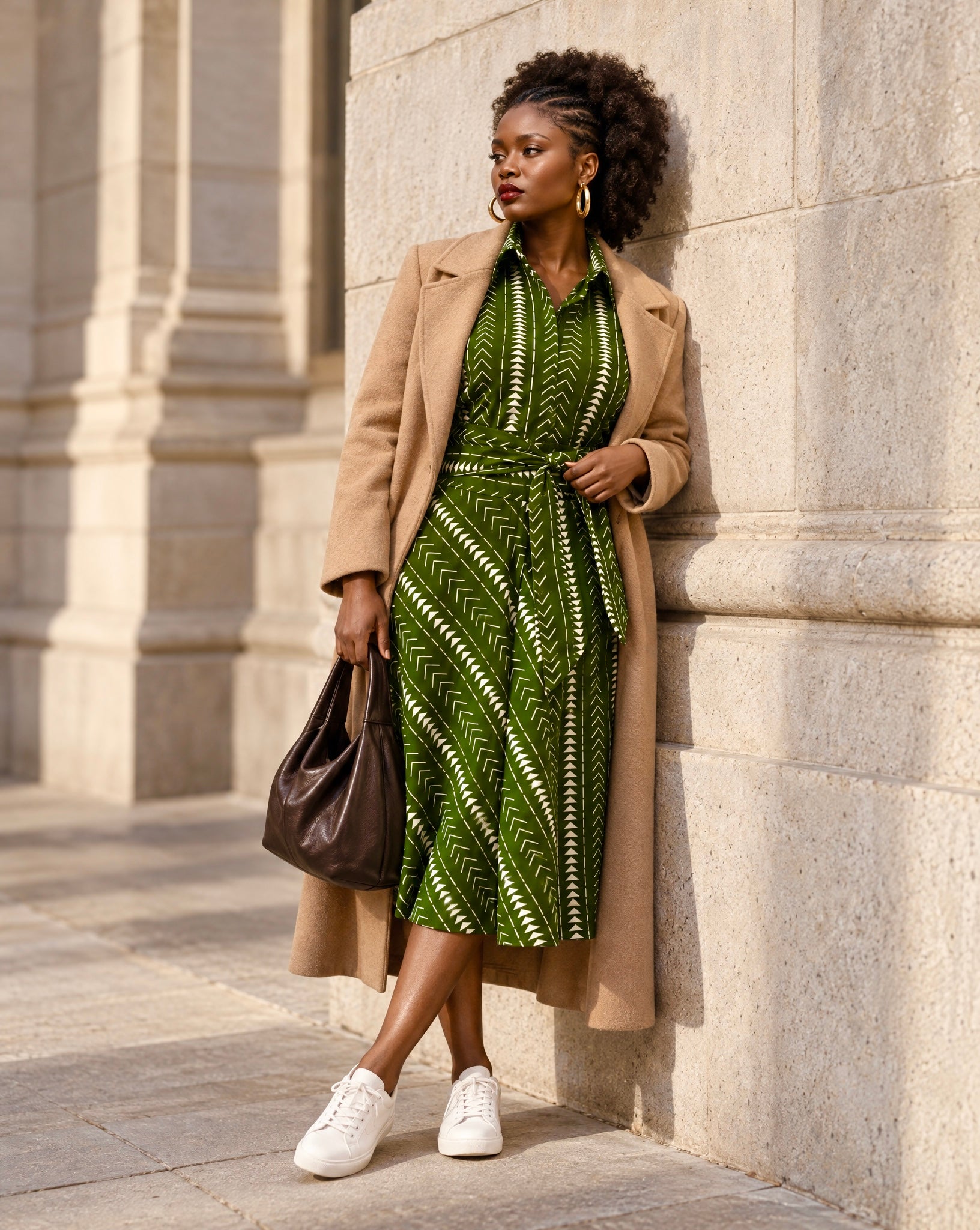 Shali sleeveless dress in an olive green geometric African print- short
