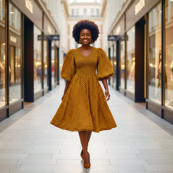 NAANI balloon sleeve dress in brown.