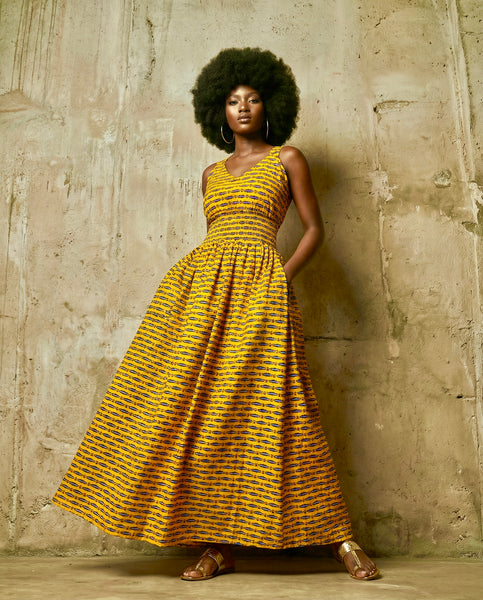 Fatu full skirt maxi dress in Yellow.