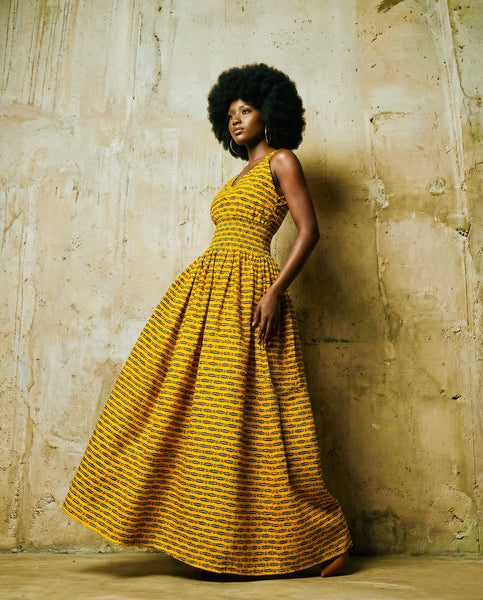 Fatu full skirt maxi dress in Yellow.