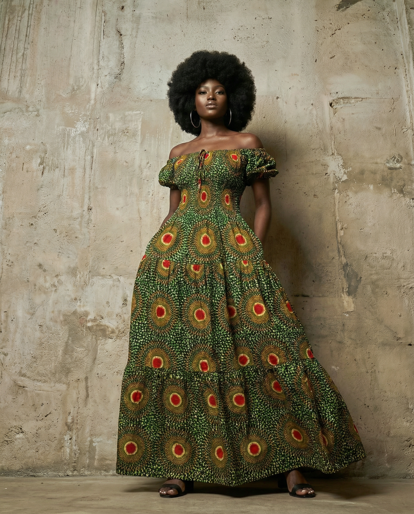 Afro bohemian peasant inspired smocked maxi dress – House of Afrika