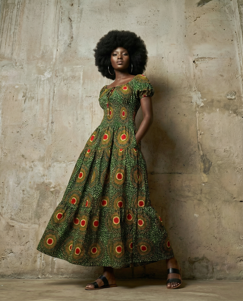 Afro bohemian peasant inspired smocked maxi dress – House of Afrika
