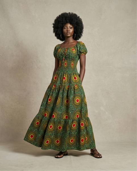 Afro bohemian peasant inspired smocked maxi dress