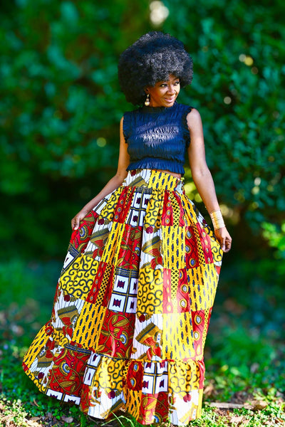 African print patchwork statement maxi skirt.