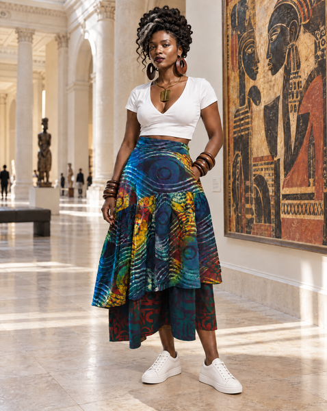 Azichi tiered skirt in a hand dyed fabric in a multicoloured palette.