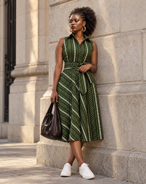 Shali sleeveless dress in an olive green geometric African print- short