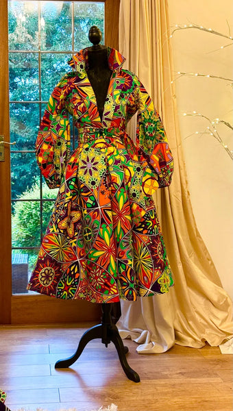 Zenda coat dress in a bold contemporary floral African print.