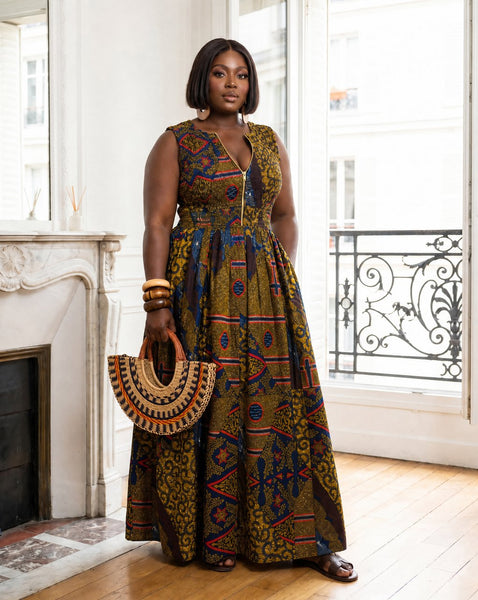 Lola African print patchwork summer sleeveless maxi dress in earthy hues.