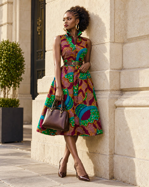 Shali Ankara sleeveless Collared belted shirt dress.