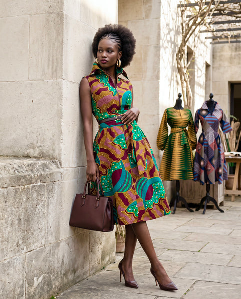Shali Ankara sleeveless Collared belted shirt dress.