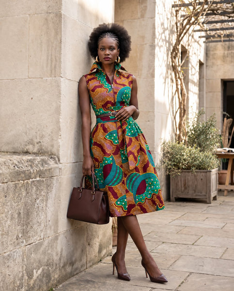Shali Ankara sleeveless Collared belted shirt dress.