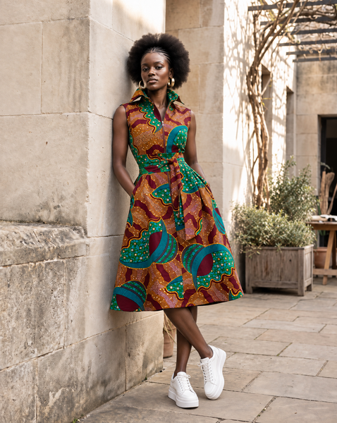 Shali Ankara sleeveless Collared belted shirt dress.