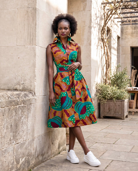 Shali Ankara sleeveless Collared belted shirt dress.