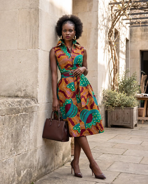 Shali Ankara sleeveless Collared belted shirt dress.