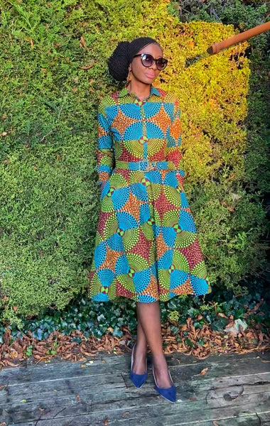 Long sleeve collared shirt dress in contemporary geometric African print