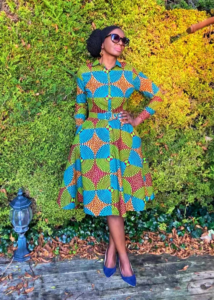 Long sleeve collared shirt dress in contemporary geometric African print