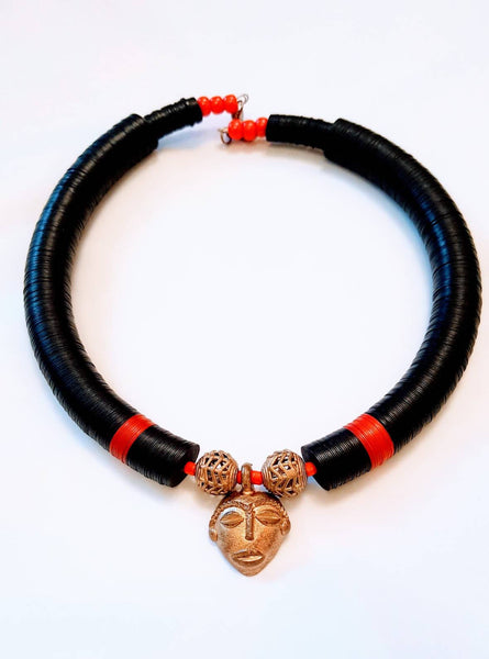 African beaded necklace with bronze African mask pendant