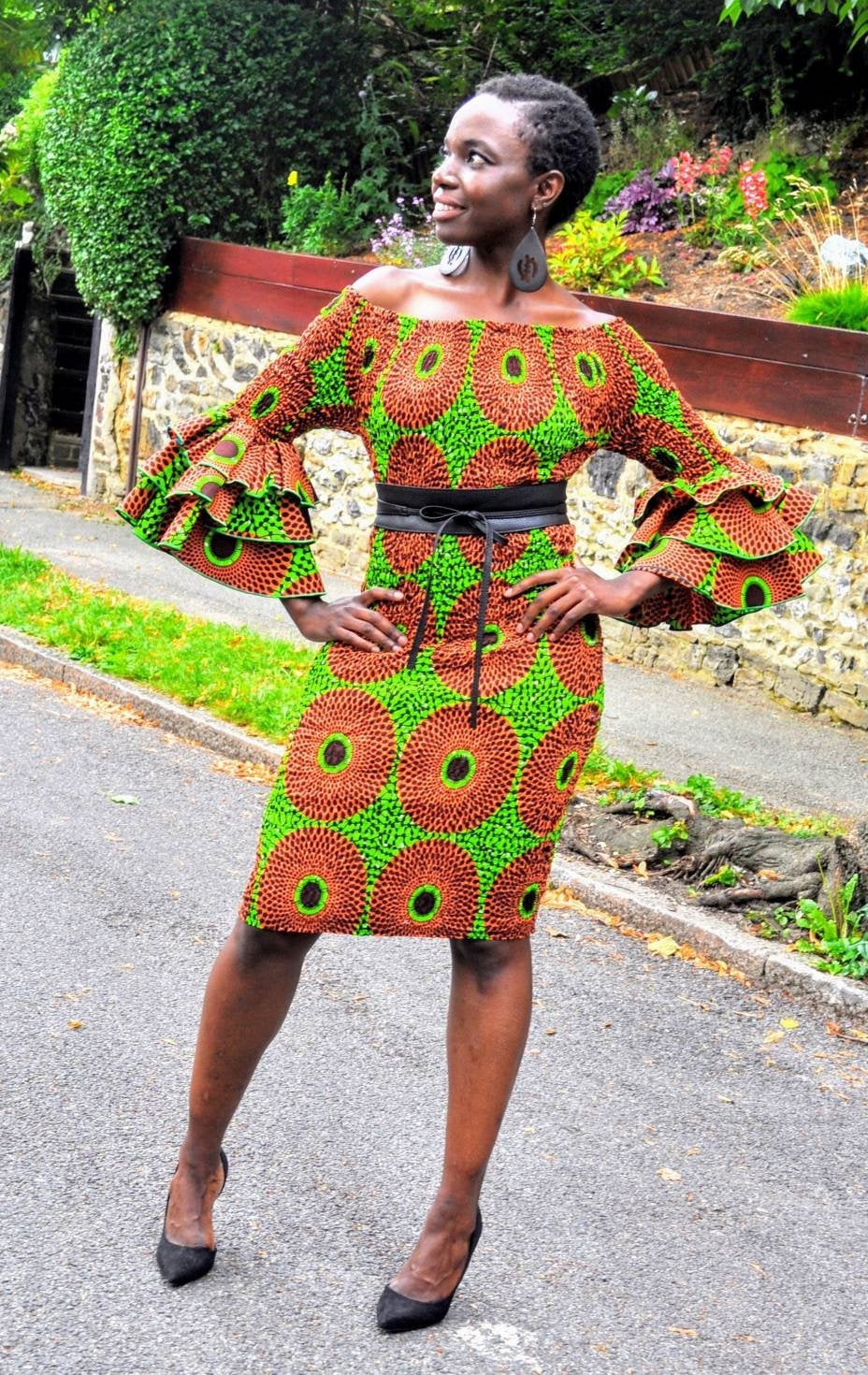African Inspired Ribknit Print Bodycon Dress with Feathered Sleeves -  Luxury African Print Clothing