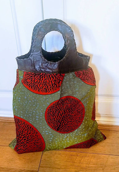 Large African Print tote bag with leather handle