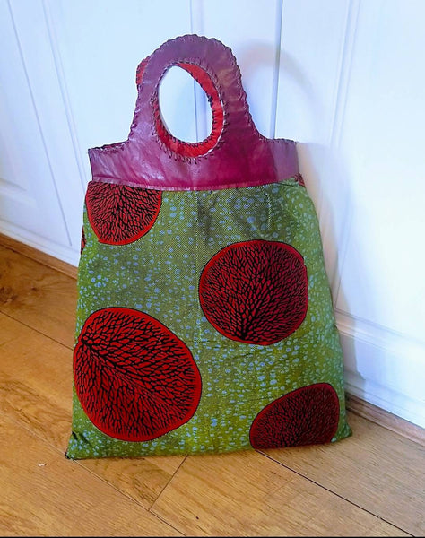 Large African Print tote bag with leather handle