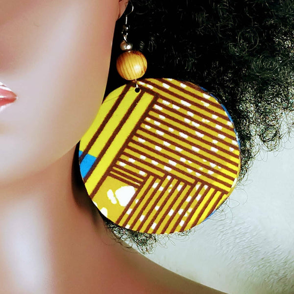 Large African print disc earrings in mustard and blue colours