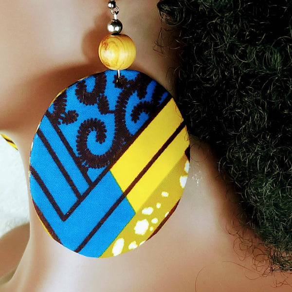 Large African print disc earrings in mustard and blue colours