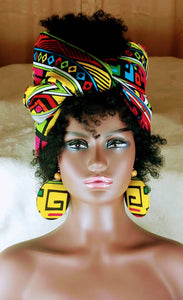 Large African print disc earrings in a yellow aztec print