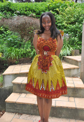 Ruffle sleeve African print dress in red and mustard tones